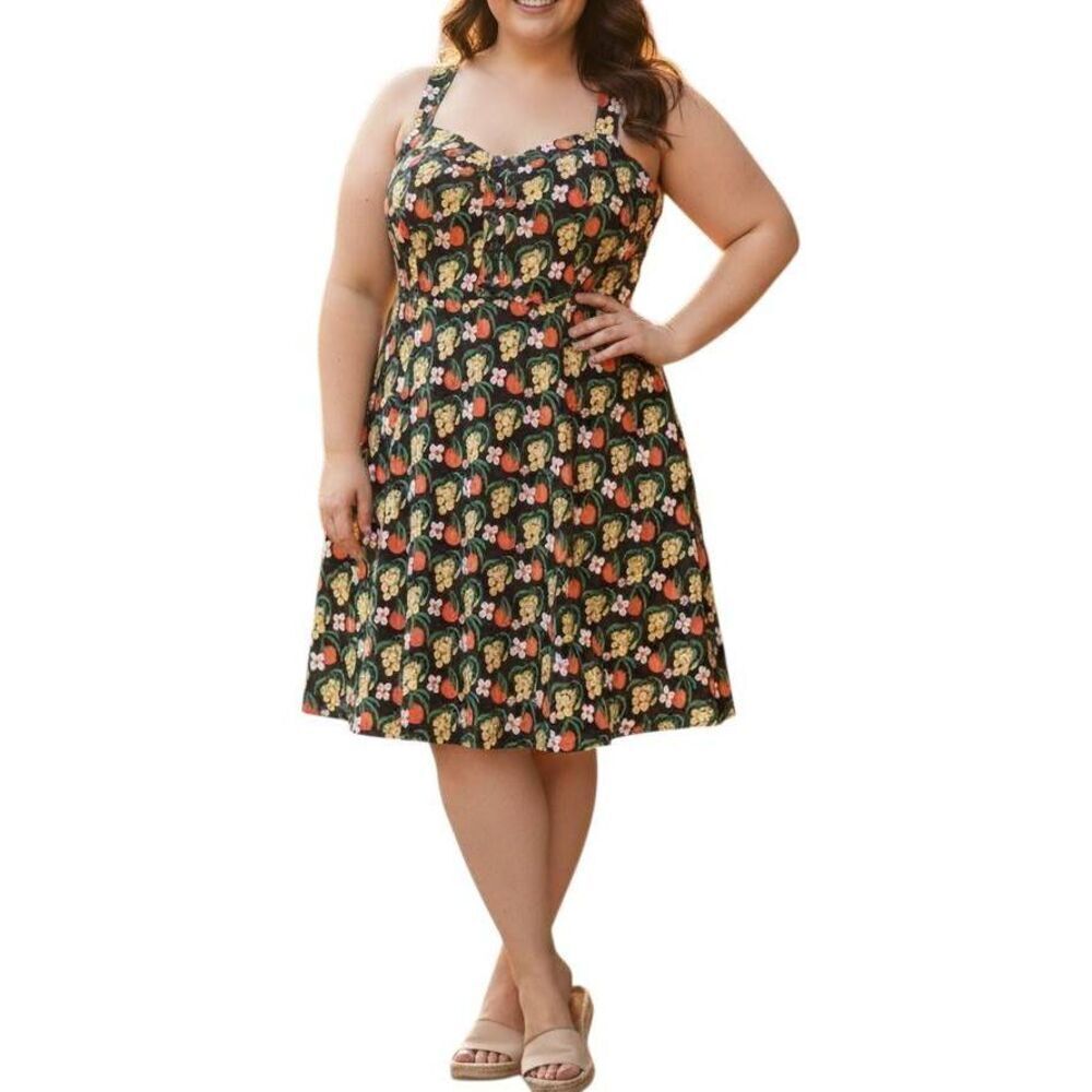 Modcloth Black & Orange fruit floral fit flare retro cotton midi dress 1X
